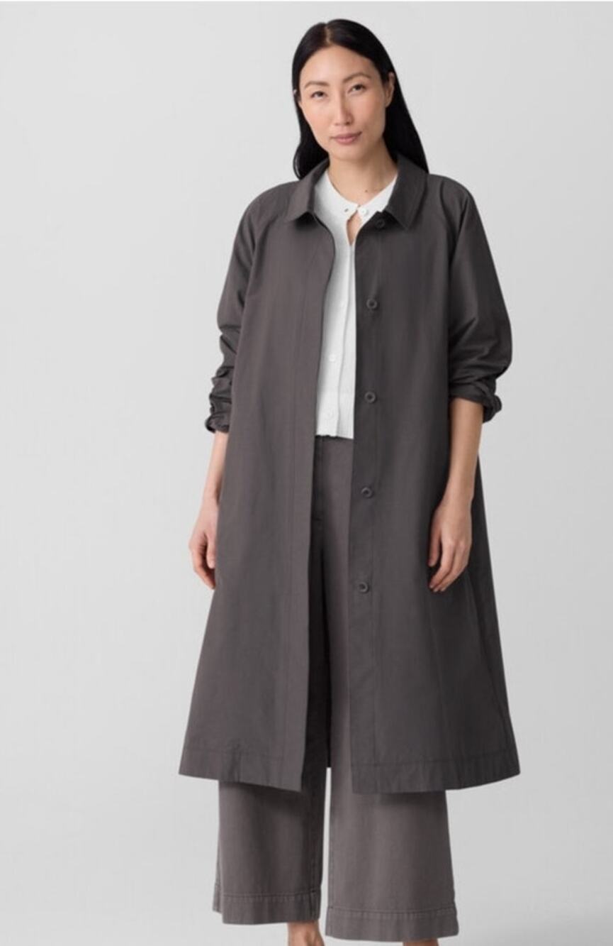 Eileen Fisher Womens L Rye Light Cotton Nylon Classic Collar Coat $298